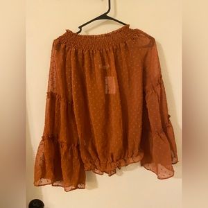 Boutique Fall Orange See through Flowy off the shoulder top